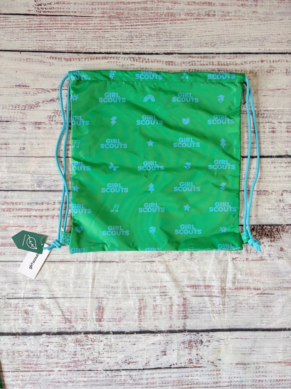 Girl Scouts Green Drawstring Backpack with Light Blue Accents set of 11